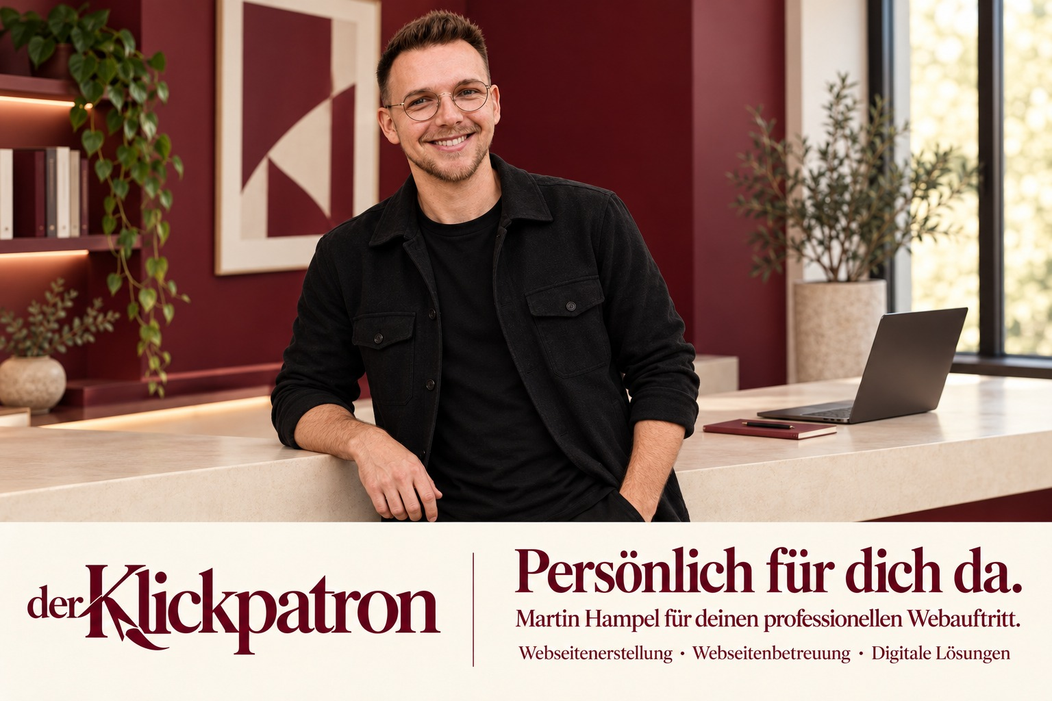 Martin Hampel, der Klickpatron, in einem burgunderroten Raum.